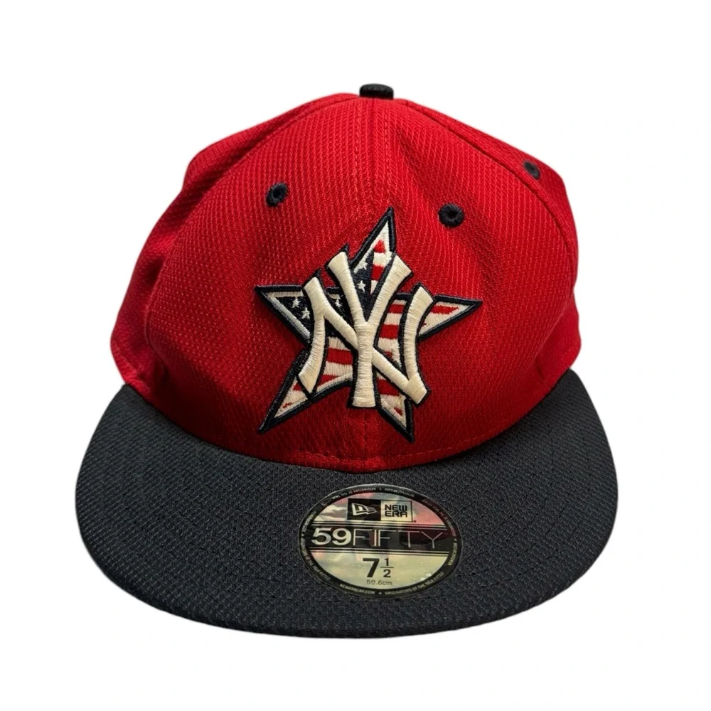 New York Yankees New Era 59fifty Hat Size 7.5 American Flag Star MLB On Field